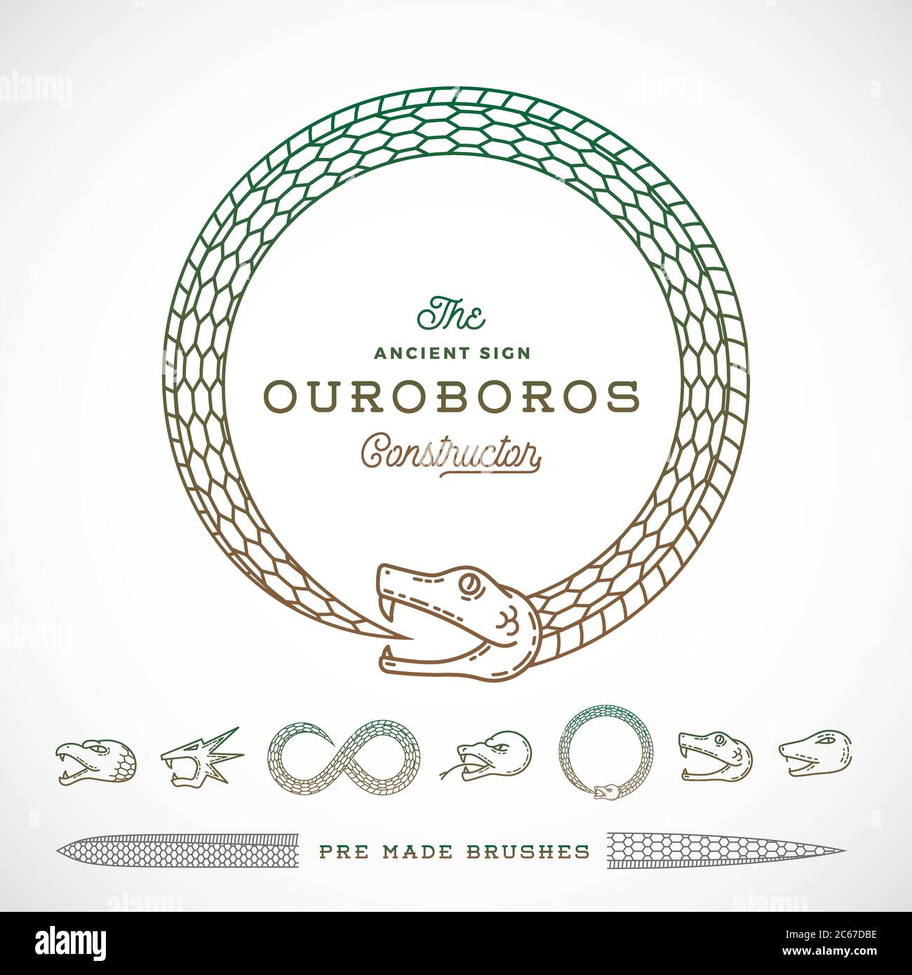 Abstract Vector Infinite Ouroboros Snake Symbol, Sign or a Logo Constructor in Line Style. Tails to make Brushes of Them. Five Different Heads and Two Stock Vector