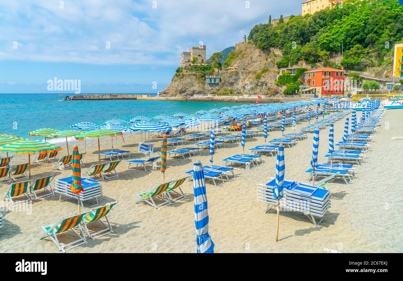 Cinque Terre, Italy - july 1st 2020 - Empty beach due to Corona in Monterosso al Mare, one of the towns known as Cinque Terre at the Medeteranian coas Stock Photo