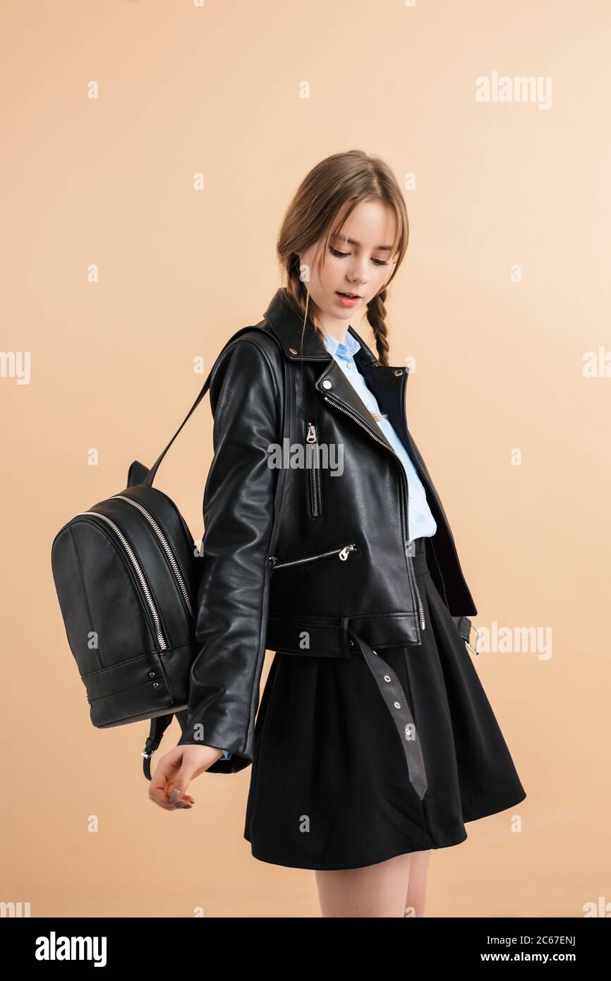 leather jacket and backpack