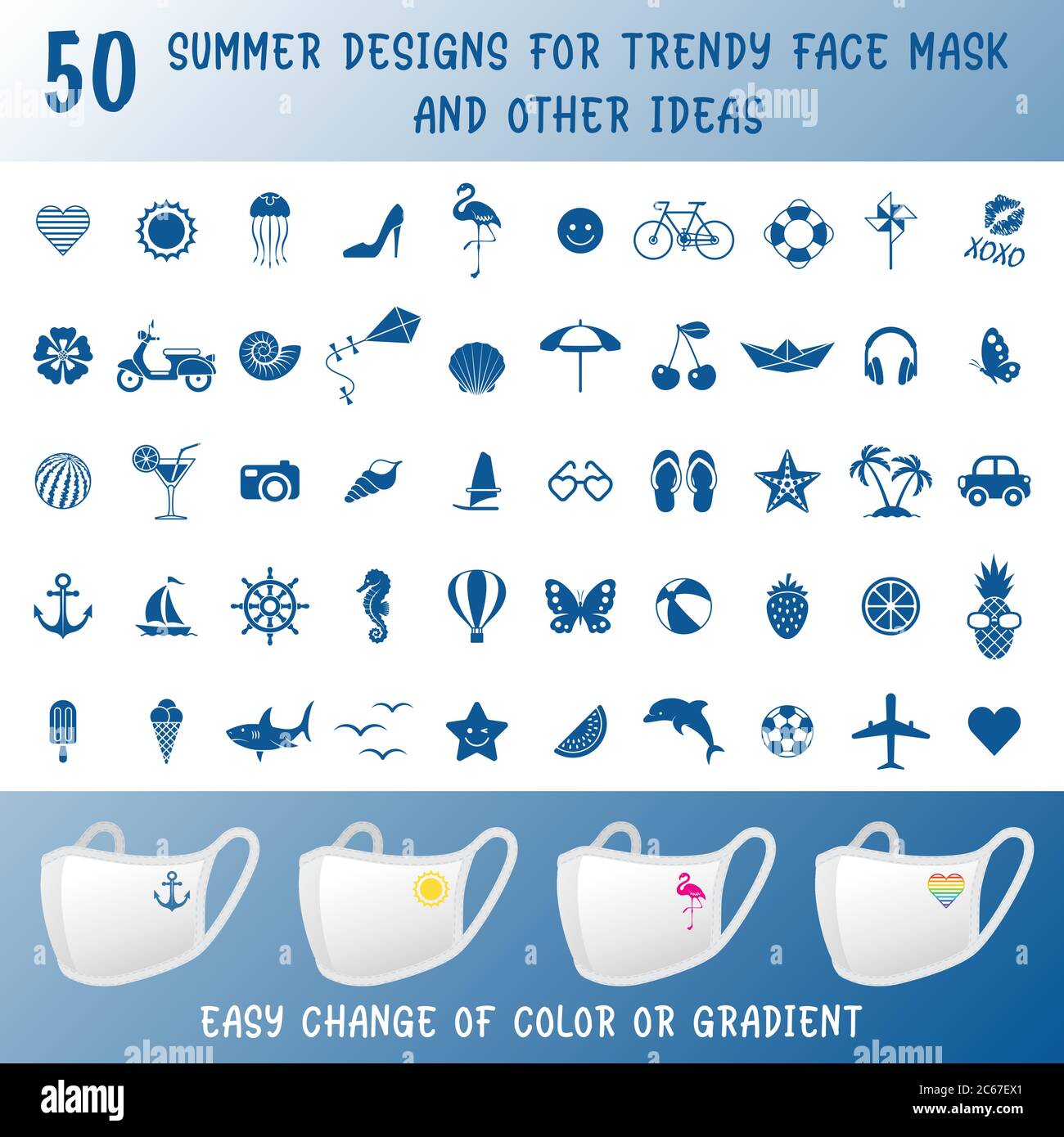 50 Summer designs for Trendy protective face mask and other ideas. All elements are on separate layers. Vector Illustration. Stock Vector