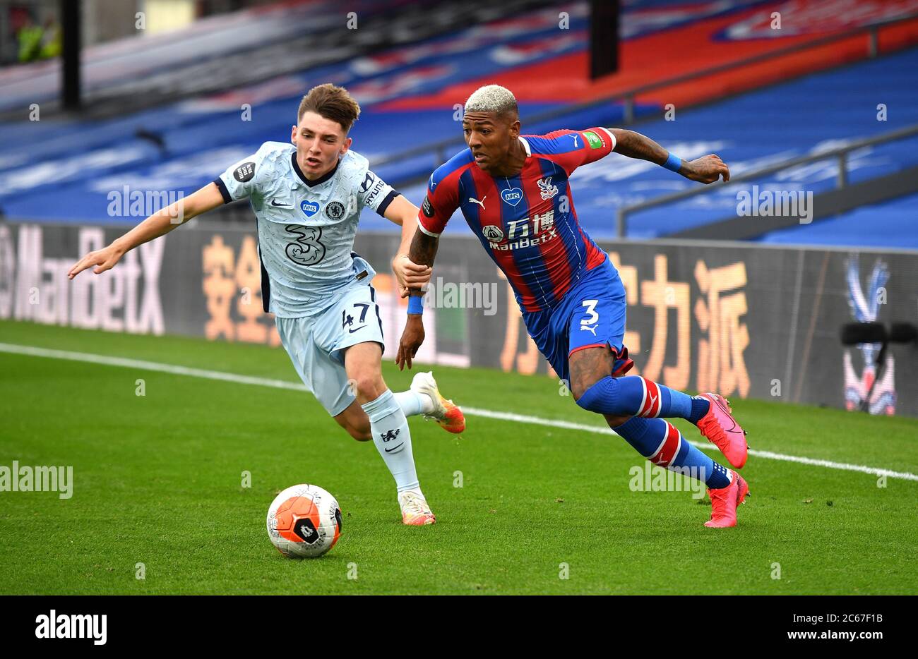 Chelsea S Billy Gilmour Left And Crystal Palace S Patrick Van Aanholt Battle For The Ball During The Premier League Match At Selhurst Park London Stock Photo Alamy