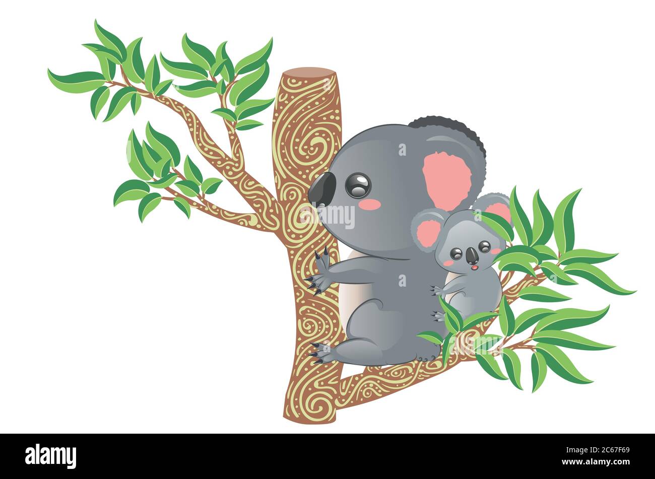 Cute cartoon grey koala bears, mother with babyon eucalyptus tree ...