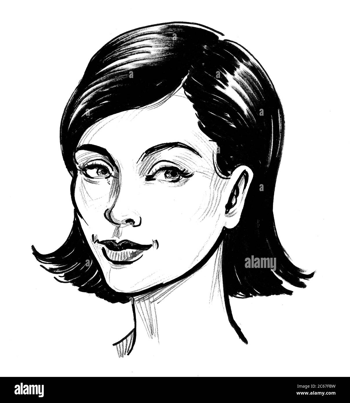Pretty woman face. Ink black and white drawing Stock Photo Alamy