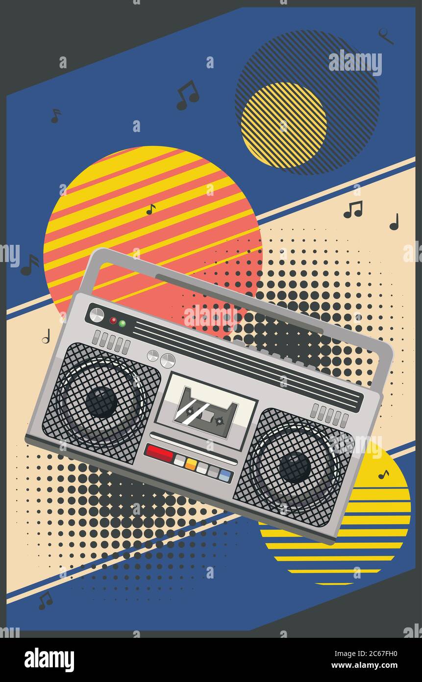Funky 80s music poster with portable radio cassette player, boombox design  Stock Vector Image & Art - Alamy