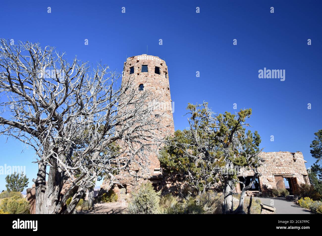 Desert View Watchtower on the south rim of the Grand Canyon, Arizona.  Two trees are in front of the tower and the sky is clear and deep blue. Stock Photo