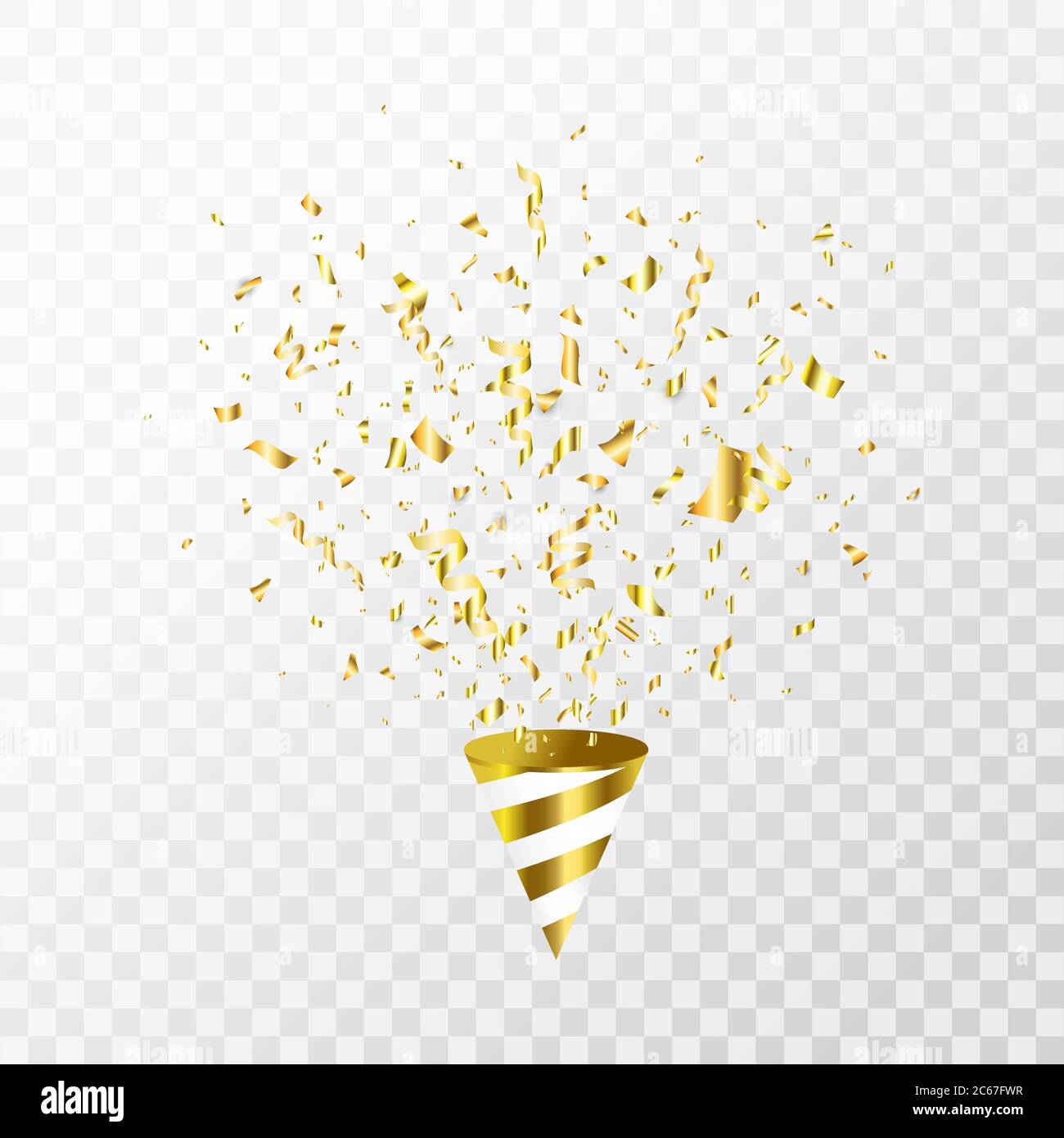 Gold confetti flying on transparent background. Party cracker with golden confetti, serpentine. Bright festive tinsel. Party popper. Holiday design el Stock Vector