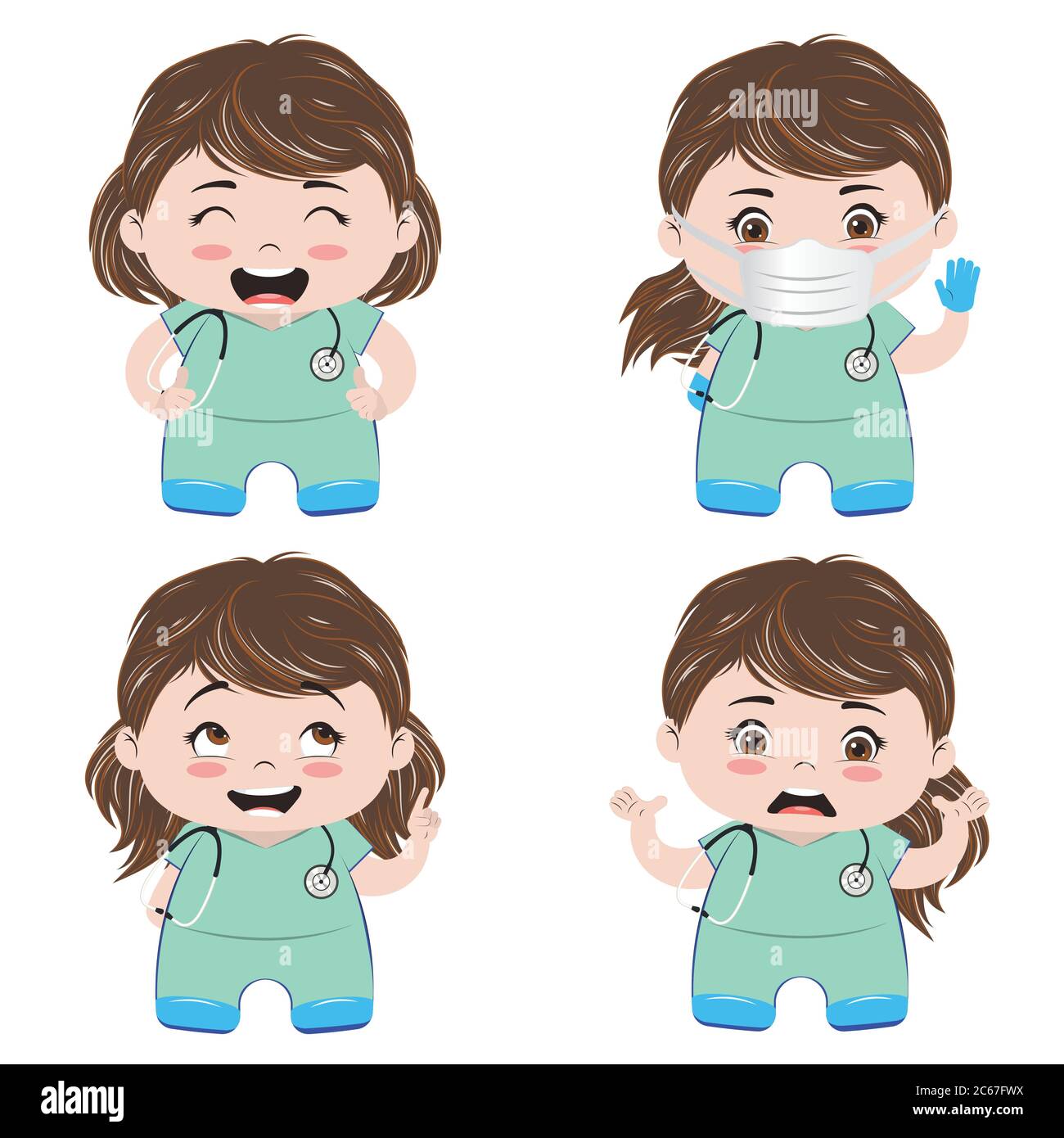 Cartoon professional female medical staff in scrubs set. Stock Vector