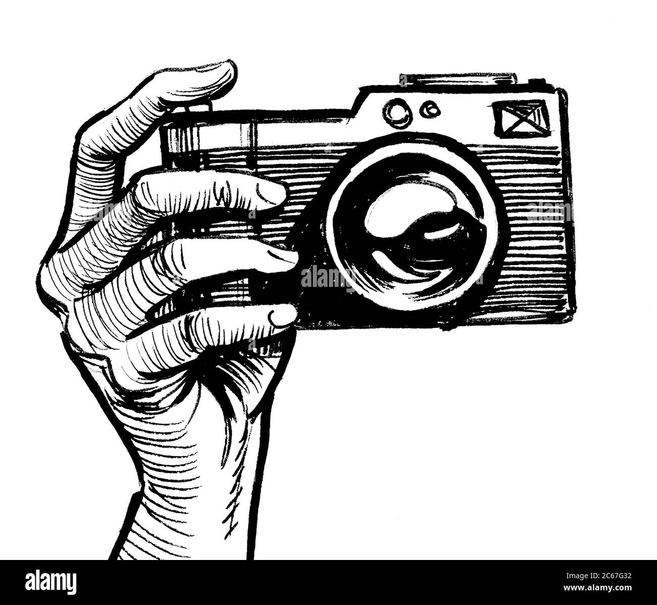 Hand holding retro camera. Ink black and white drawing Stock Photo Alamy