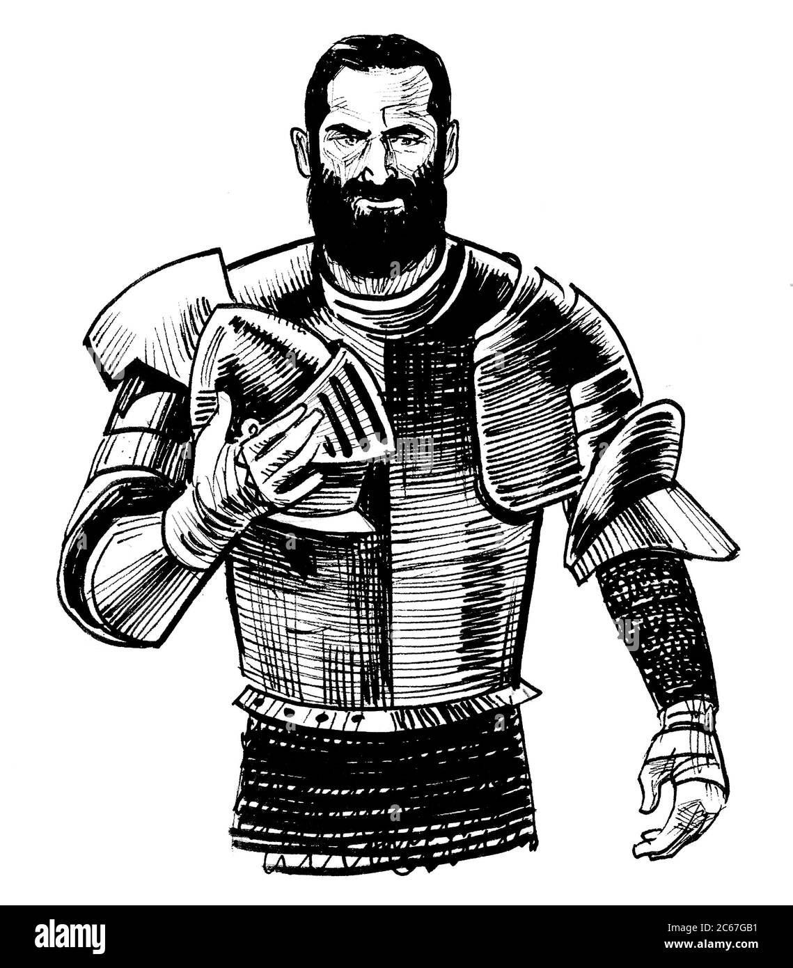 Medieval European knight. Ink black and white drawing Stock Photo