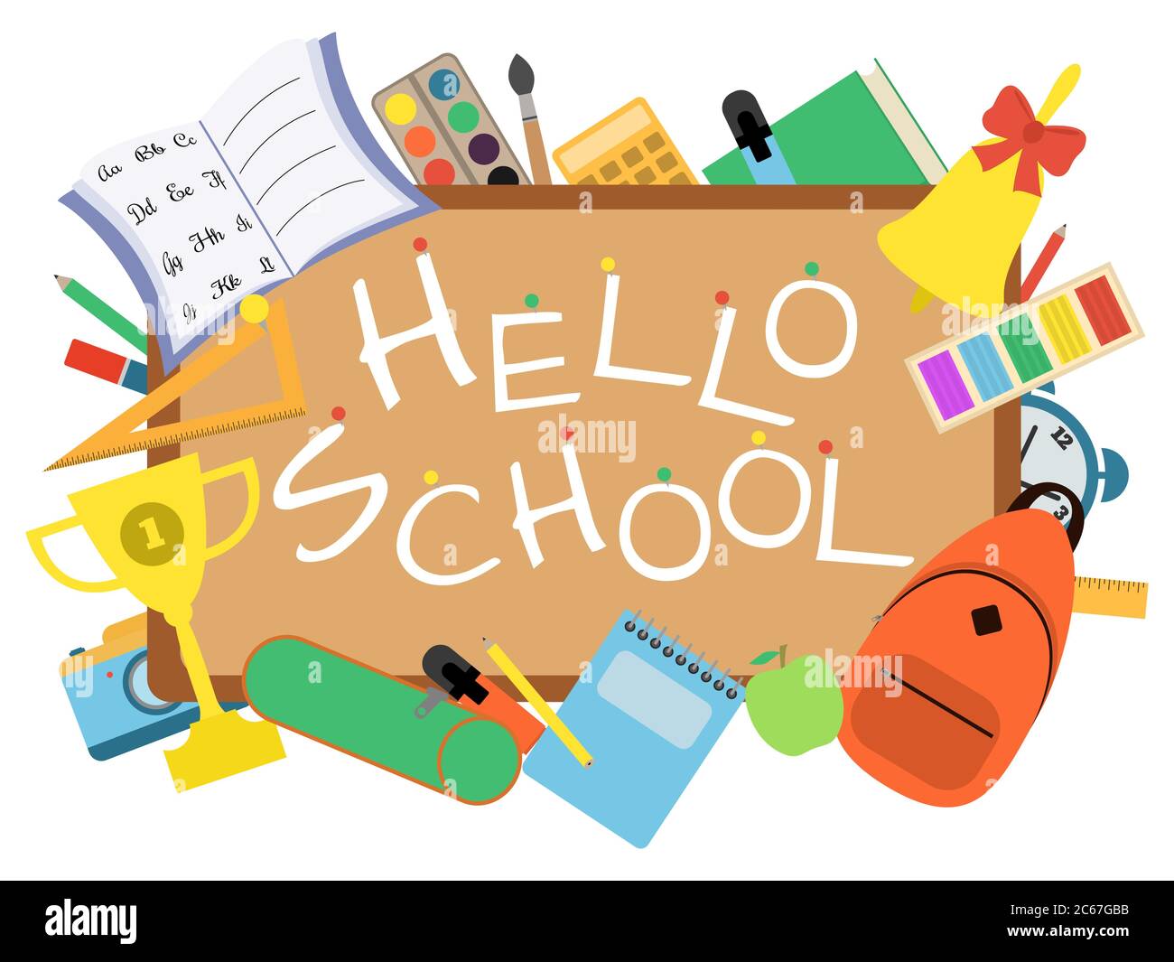 Hello school banner with blackboard and student items on white background. Vector Stock Vector