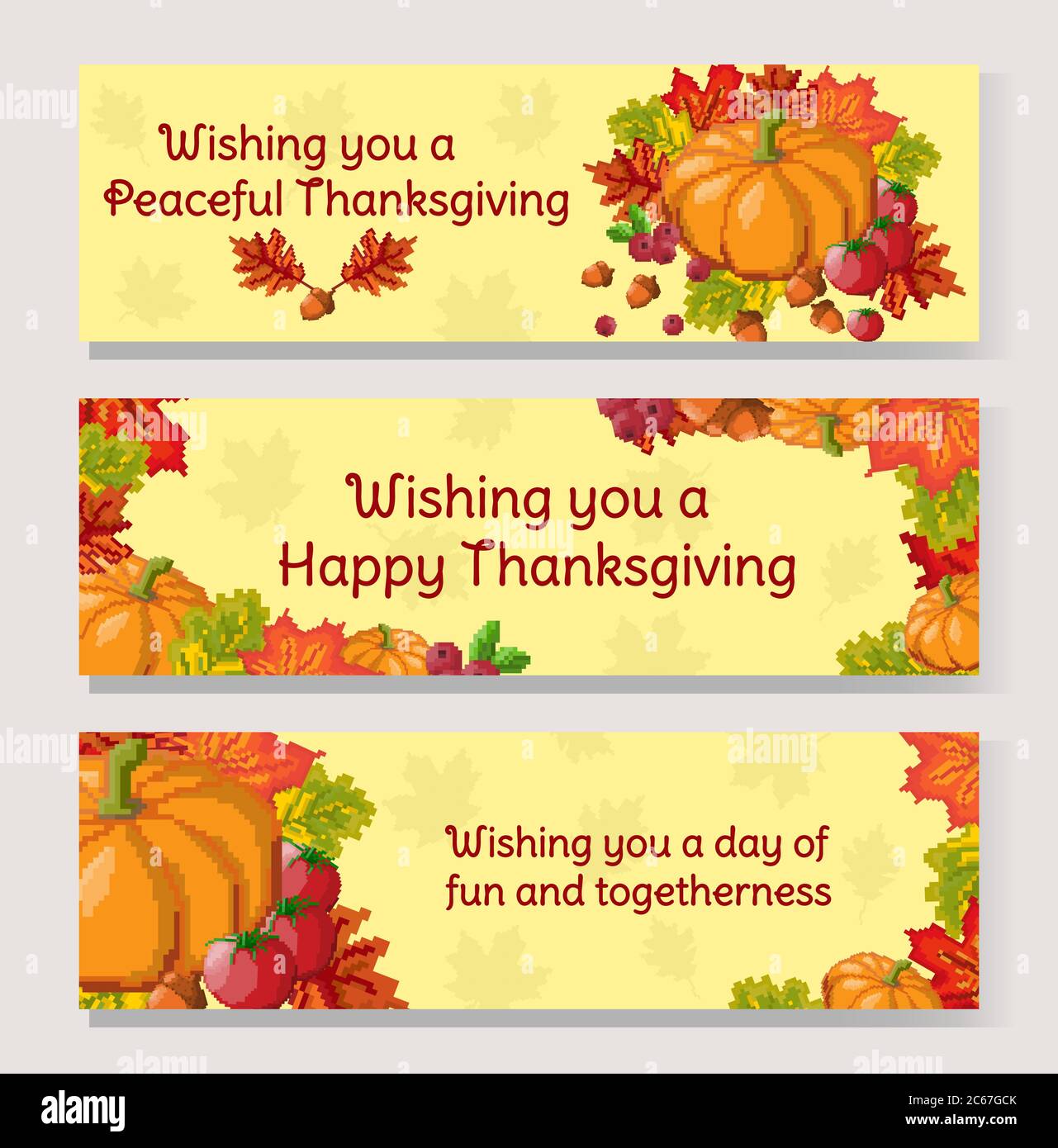 Thanksgiving Day banner set. Pixel art autumn composition with foliage, pumpkin and vegetables. Vector Stock Vector