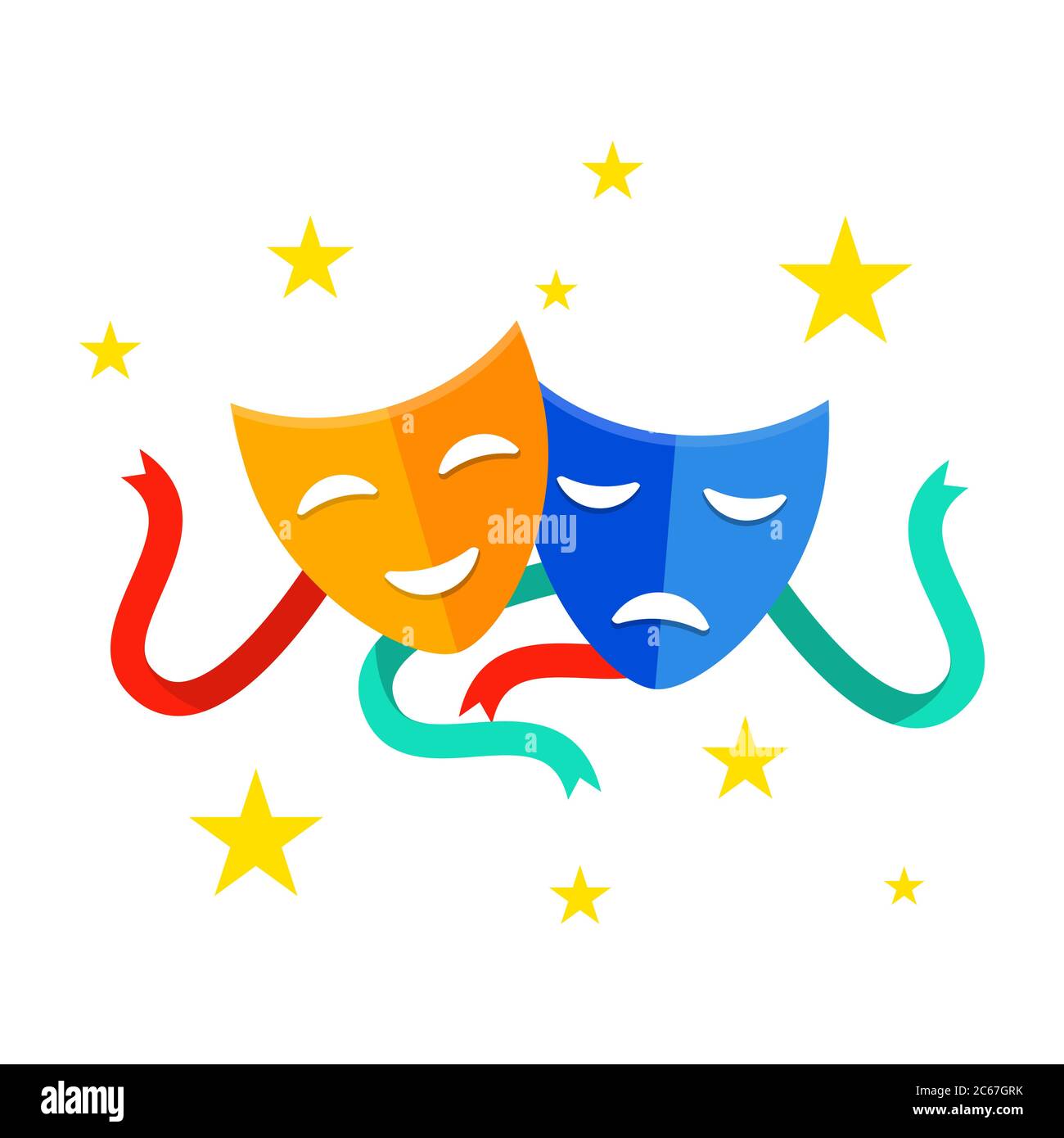 Theater mask with ribbons. Comedy and tragedy masks isolated on white background. Traditional theater symbol. Theater happy and sad mask icon. Vector Stock Vector