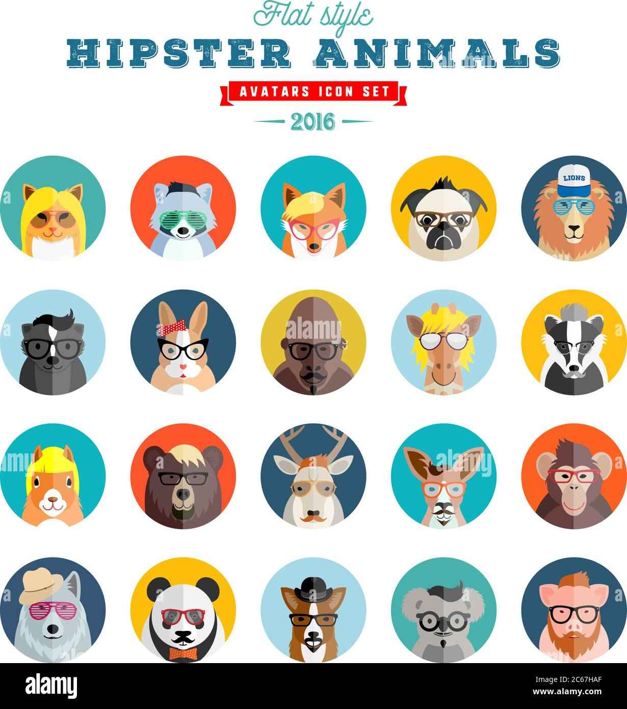 Flat Style Hipster Animals Avatar Vector Icon Set for Social Media or Web Site. Fauna Portraits. Mammals Faces. Stock Vector