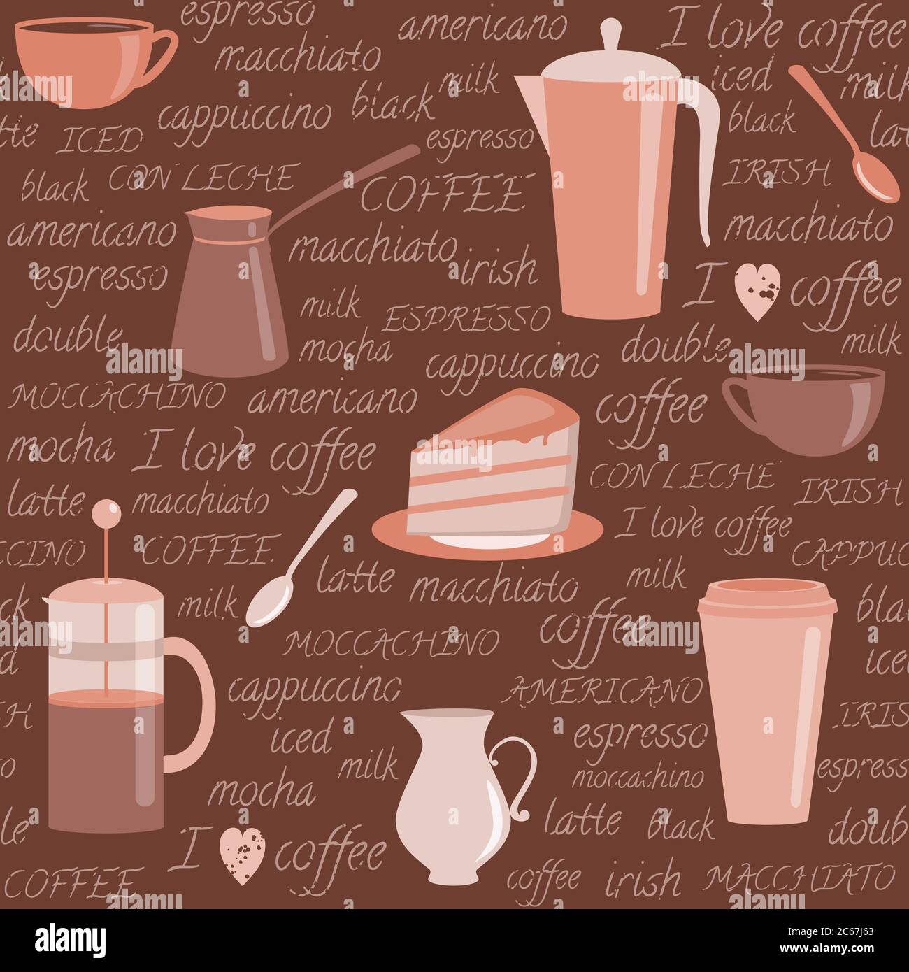Seamless pattern with coffee items and text Stock Vector