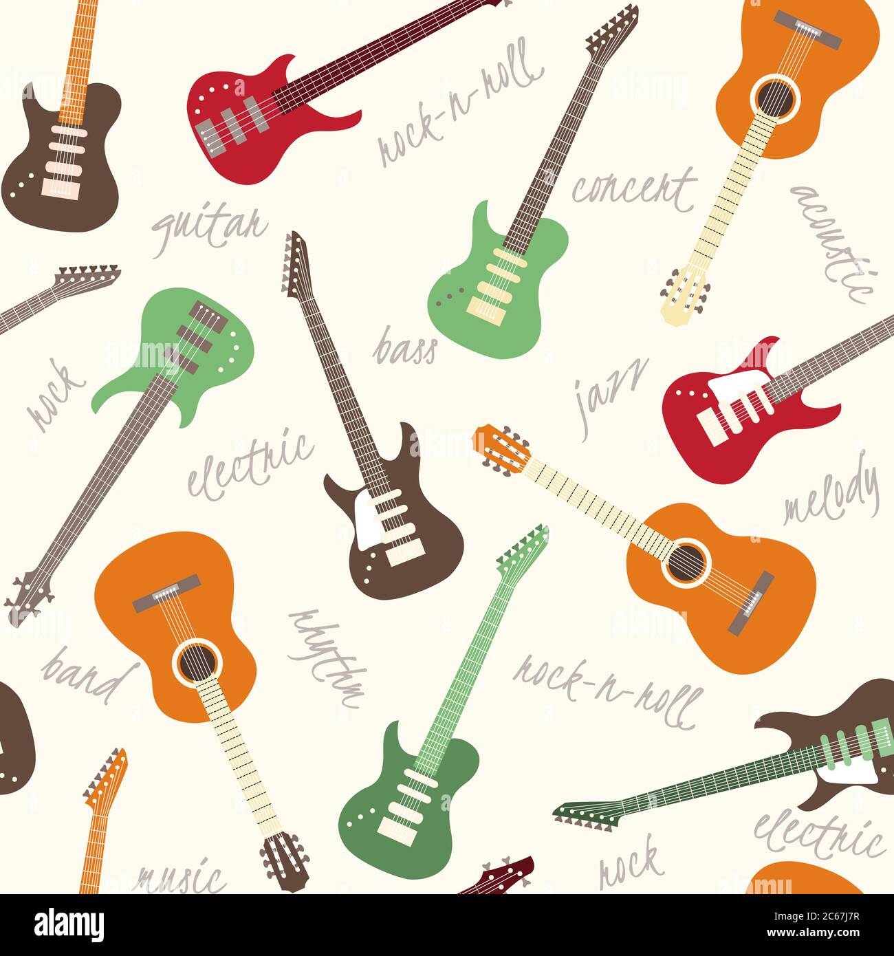 Seamless pattern with colorful guitars and text Stock Vector