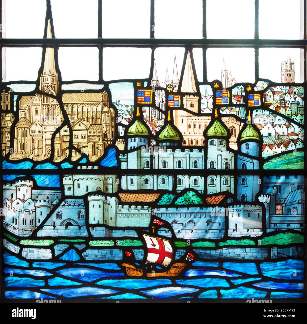 Tower of London on stained glass window. A ship sails in front of the