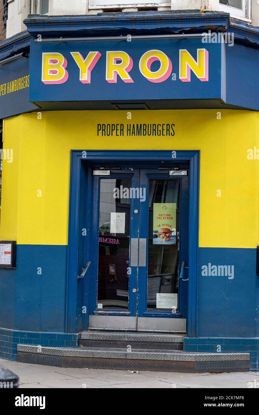 Byron Burgers' restaurant seen with shut doors in Leicester Square. Three Hills who own Byron Burgers announced on the 29th June 2020 of their preparation plan to place the 51-restaurant chain into administration to protect it from creditors while it seeks a rescue deal. The chain has 1,200 staff. Stock Photo