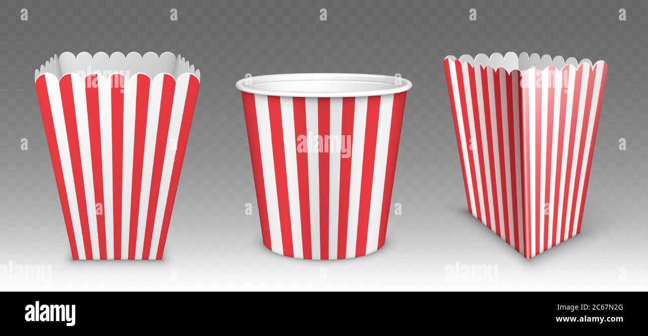 Striped bucket for popcorn, chicken wings or legs mockup isolated on transparent background. Empty red and white stripy pail fastfood, paper hen bucketful, food box render Realistic 3d vector mock up Stock Vector