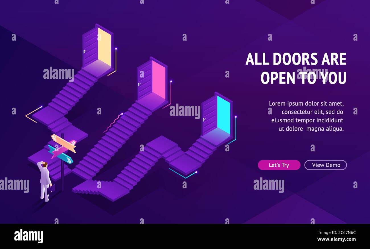 Concept of choice right way. Problem of statistical illusion in tv game. Vector landing page of making decision with isometric illustration of undecided businessman and stairs with open doors Stock Vector