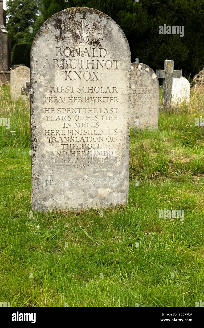 The grave of Ronald Arbuthnott Knot a British theologian who he re-translated the Latin Vulgate Bible into English. Mells, Somerset, England, UK Stock Photo