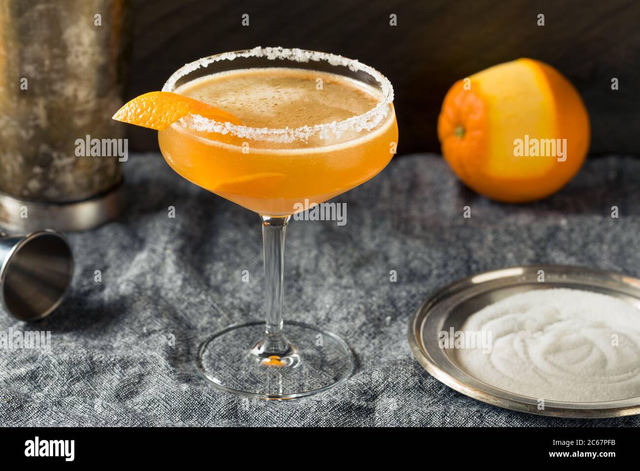 Boozy Orange Sidecar Cocktail with a Sugar Rim Stock Photo