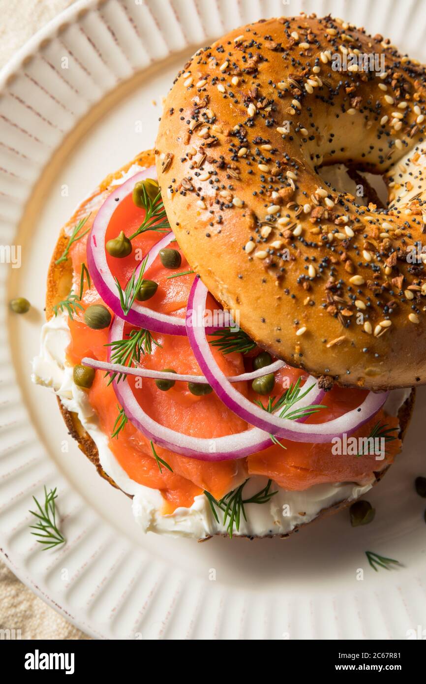 Homemade Bagel and Salmon Lox with Cream Cheese and Dill Stock Photo