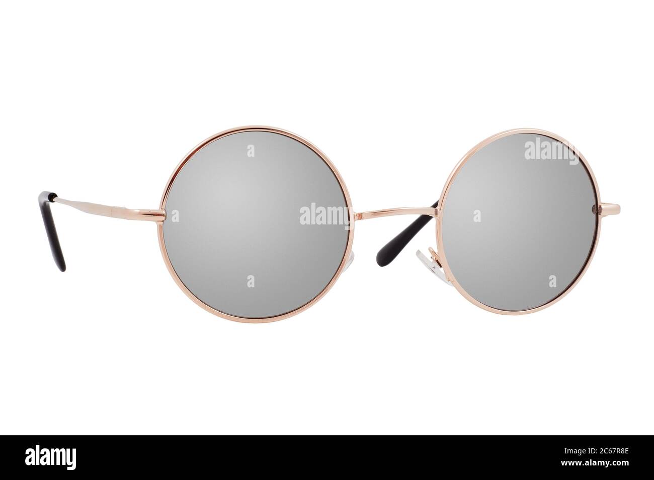 Round sunglasses with a gold frame and mirror lenses isolated on white