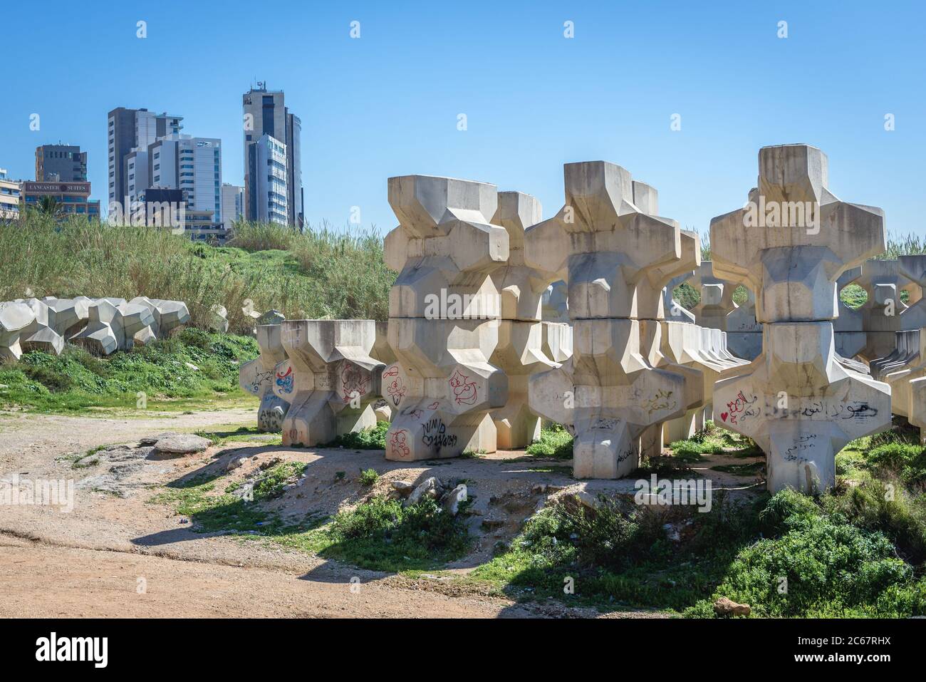 Concrete blocks on El Delie area next Raouche Rocks in Beirut, Lebanon