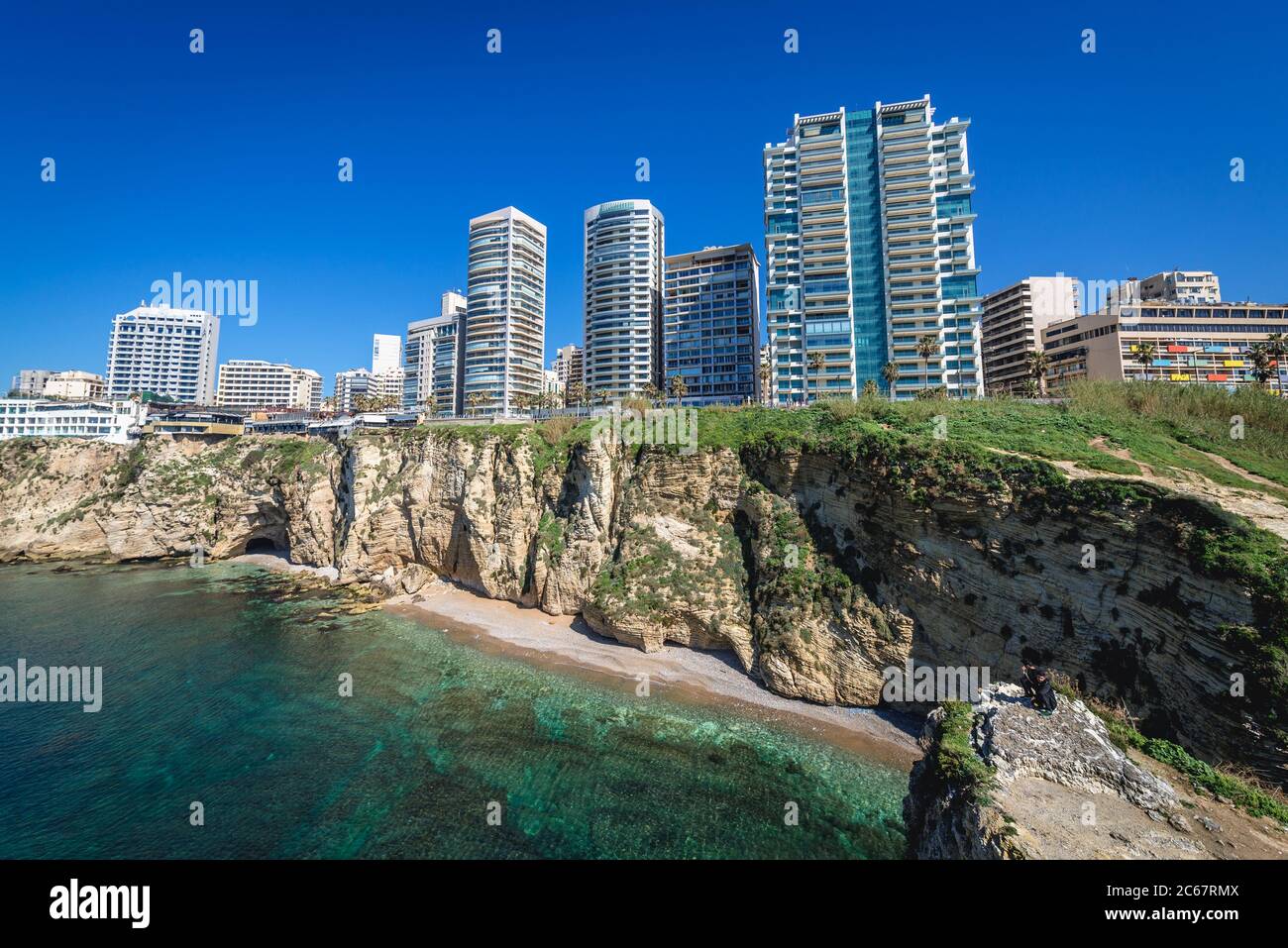 View from El Delie area next to Raouche Rocks on residential buildings and hotels in Beirut, Lebanon Stock Photo