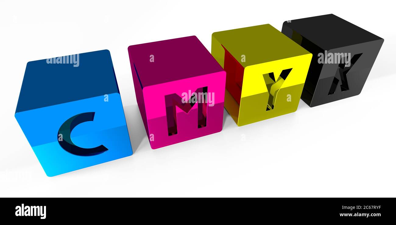 CMYK colors concept - cyan, magenta, yellow, black - 3D illustration ...