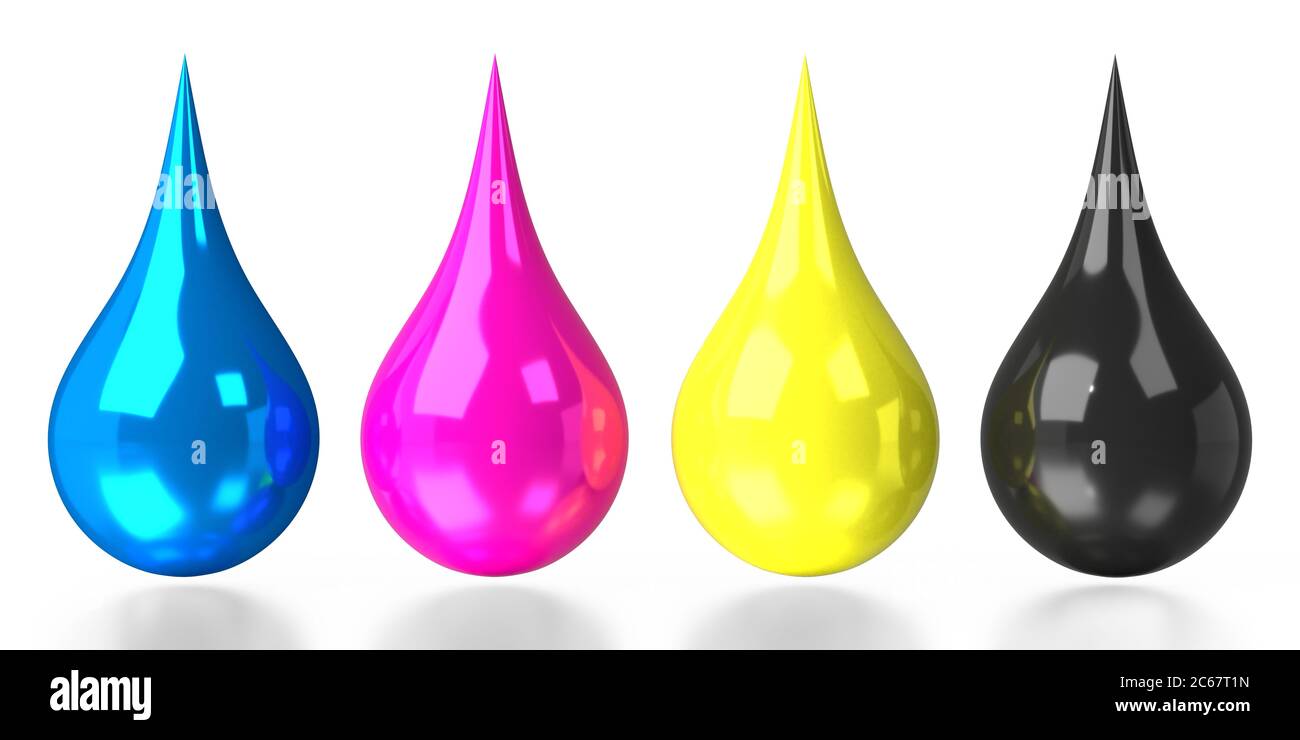 CMYK colors, drops - cyan, magenta, yellow, black - 3D illustration Stock Photo