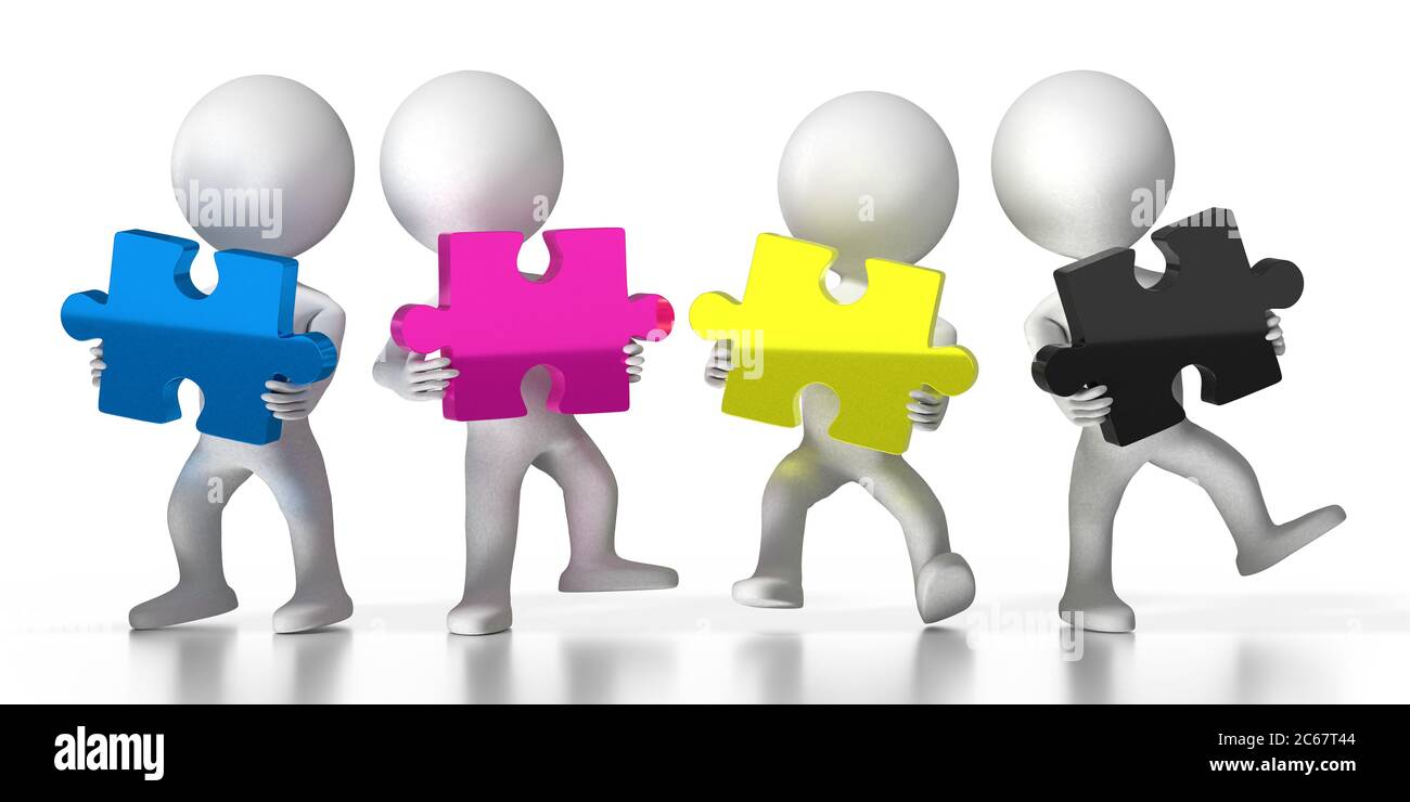 CMYK concept, cartoon characters - cyan, magenta, yellow, black - 3D ...