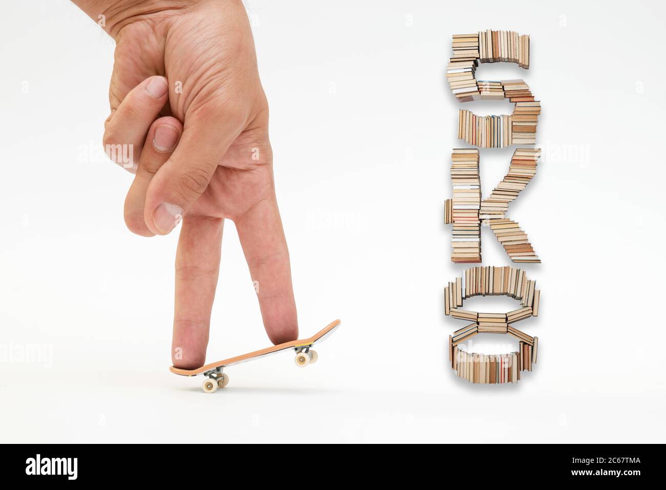 Fingerboard and sk8 text on white background. A small skateboard for