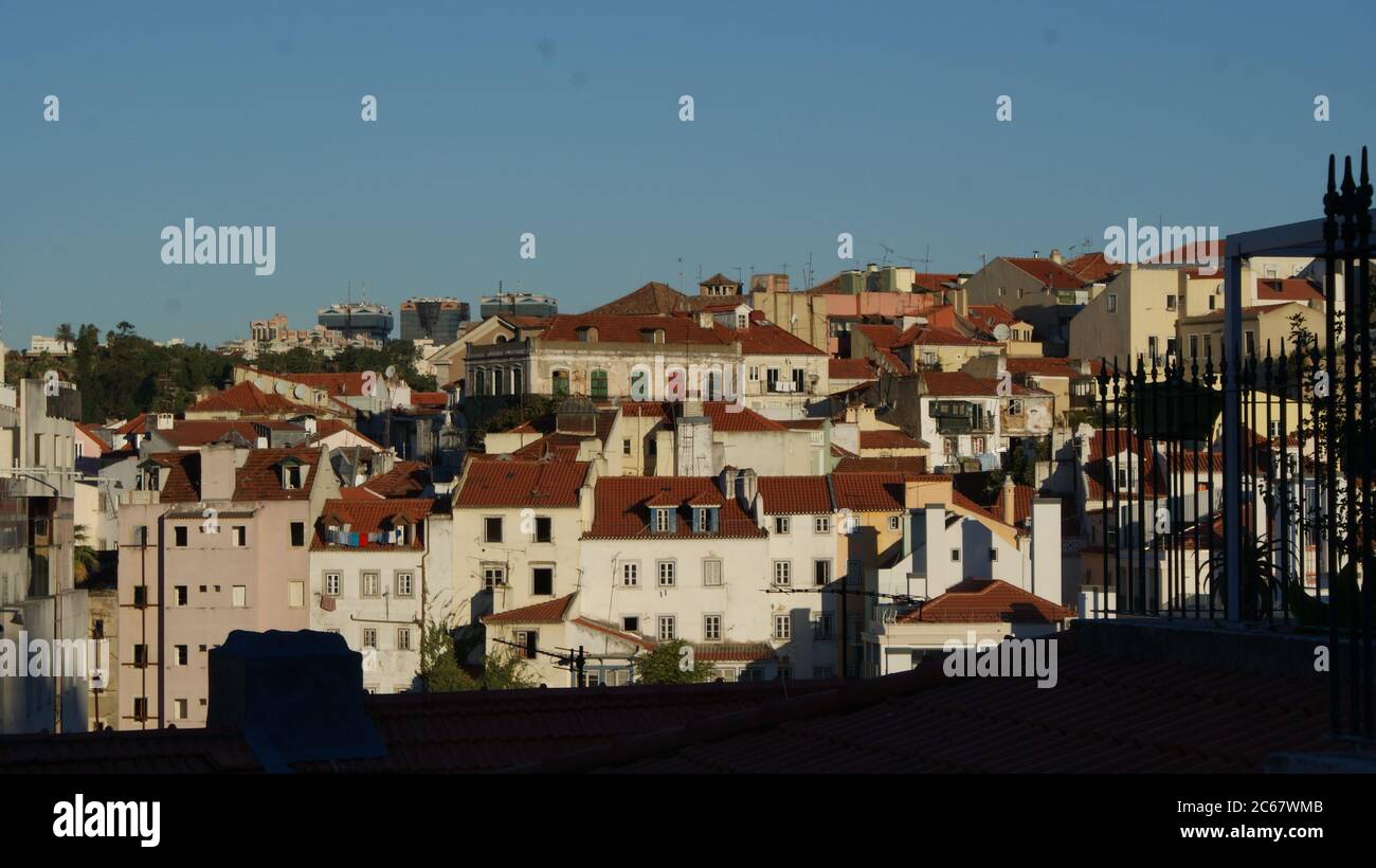 Architecture of Lisbon, the Portuguese capital. Wonderful old buildings, streets with mosaic tiles, cathedrals and elevator. Stock Photo
