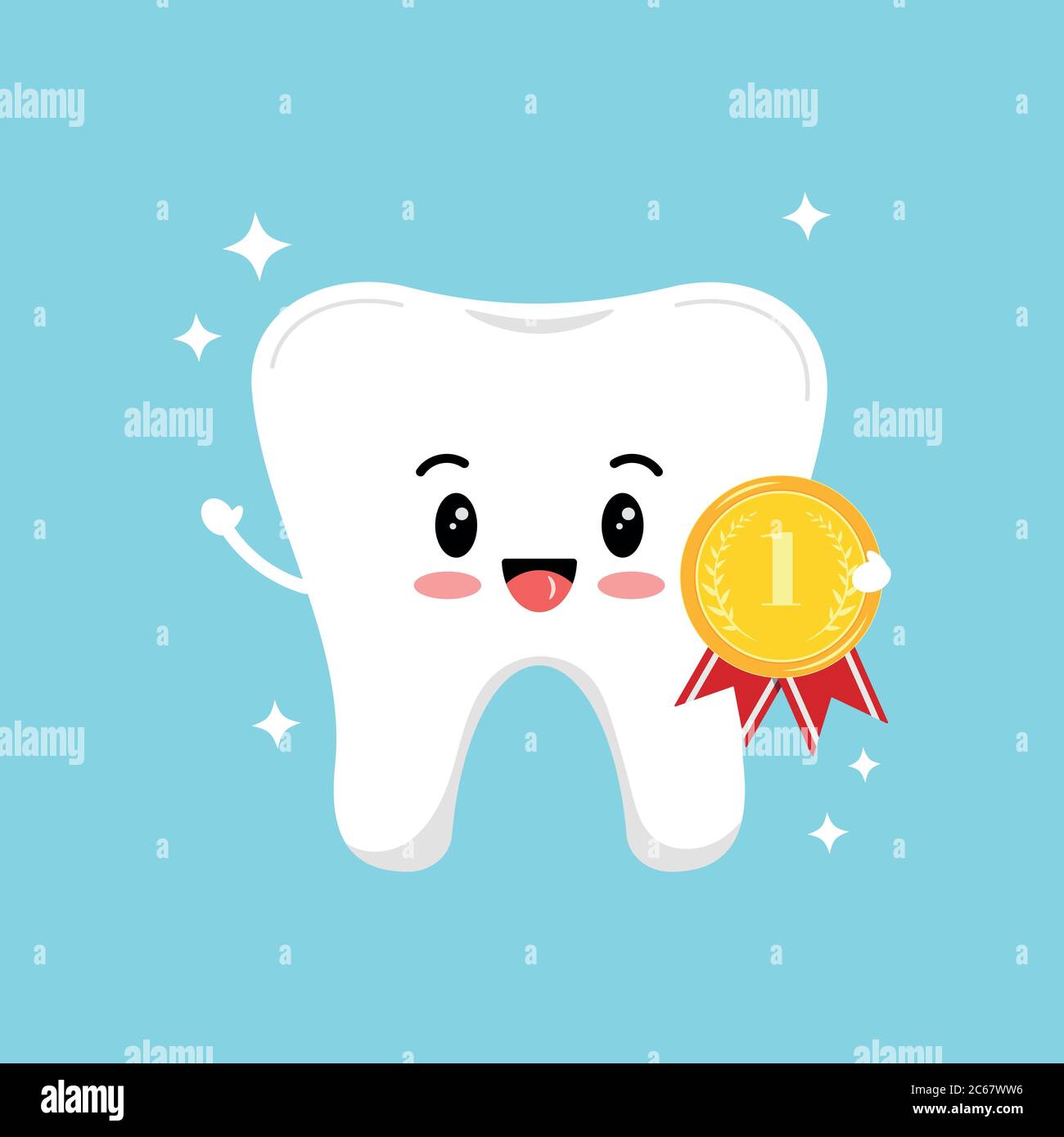 Cute tooth with golden medal with laurel branches and red ribbon isolated on blue background. Stock Vector