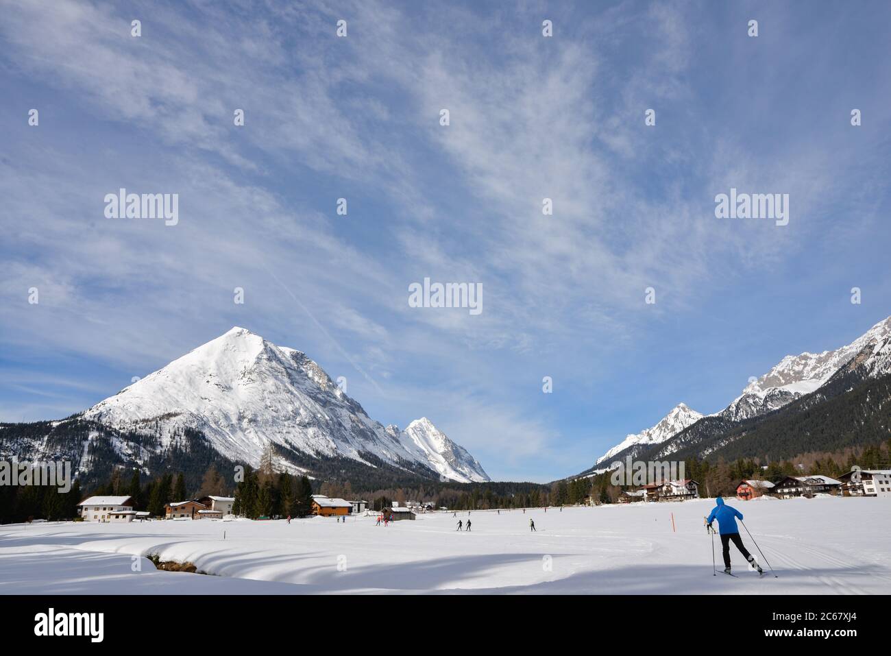Cross-country skiing on the large network of trails near Leutasch, Austria, in the Seefeld region. Stock Photo