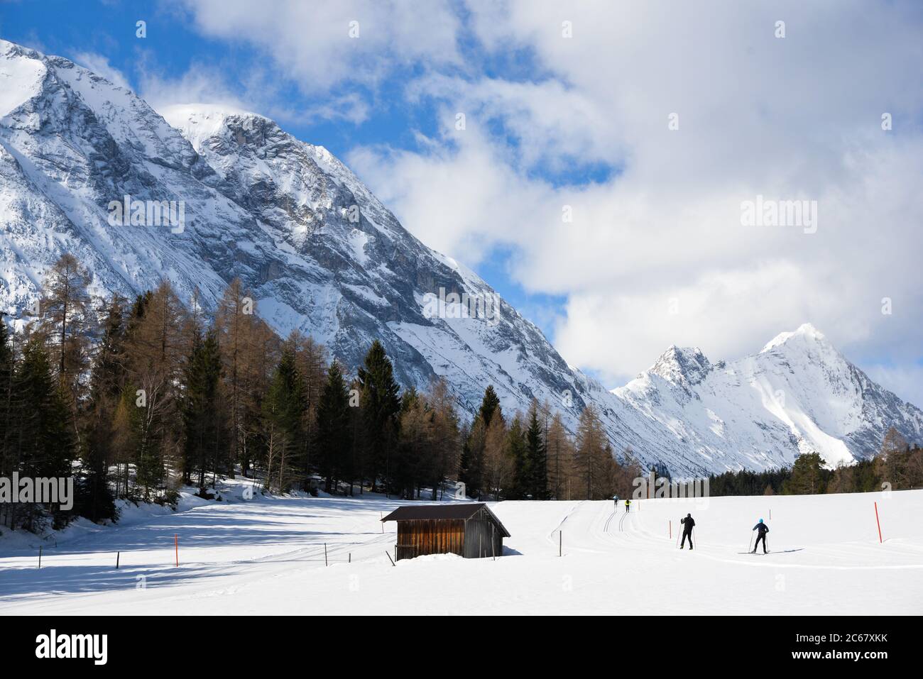 Cross-country skiing on the large network of trails near Leutasch, Austria, in the Seefeld region. Stock Photo