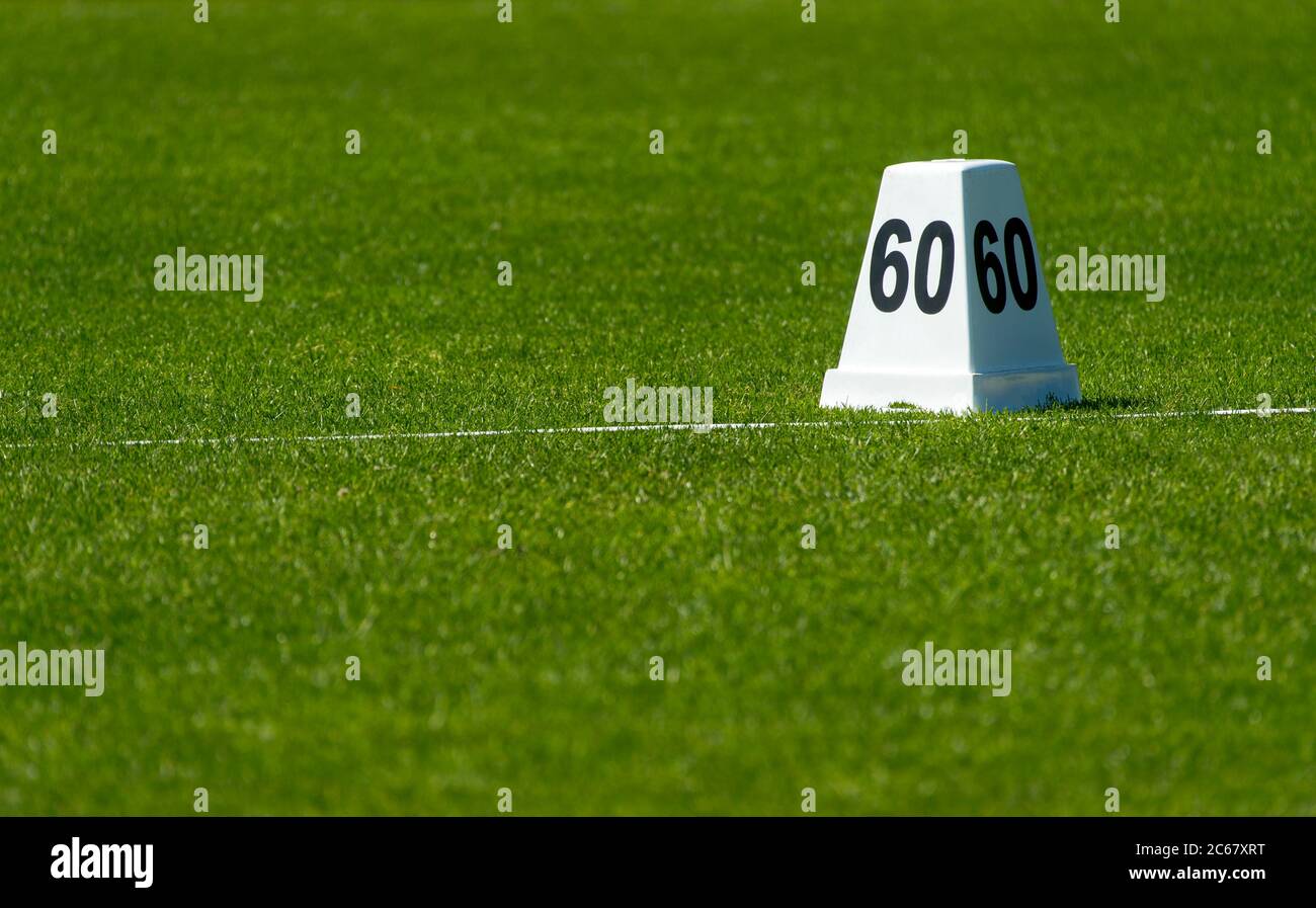 Distance marks for Javelin, discus, ball and hammer throw. Track and field stadium Stock Photo