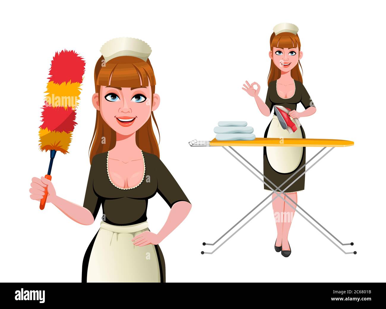 Maid, cleaning lady, smiling cleaning woman, set of two poses. Cheerful housemaid cartoon character. Vector illustration Stock Vector