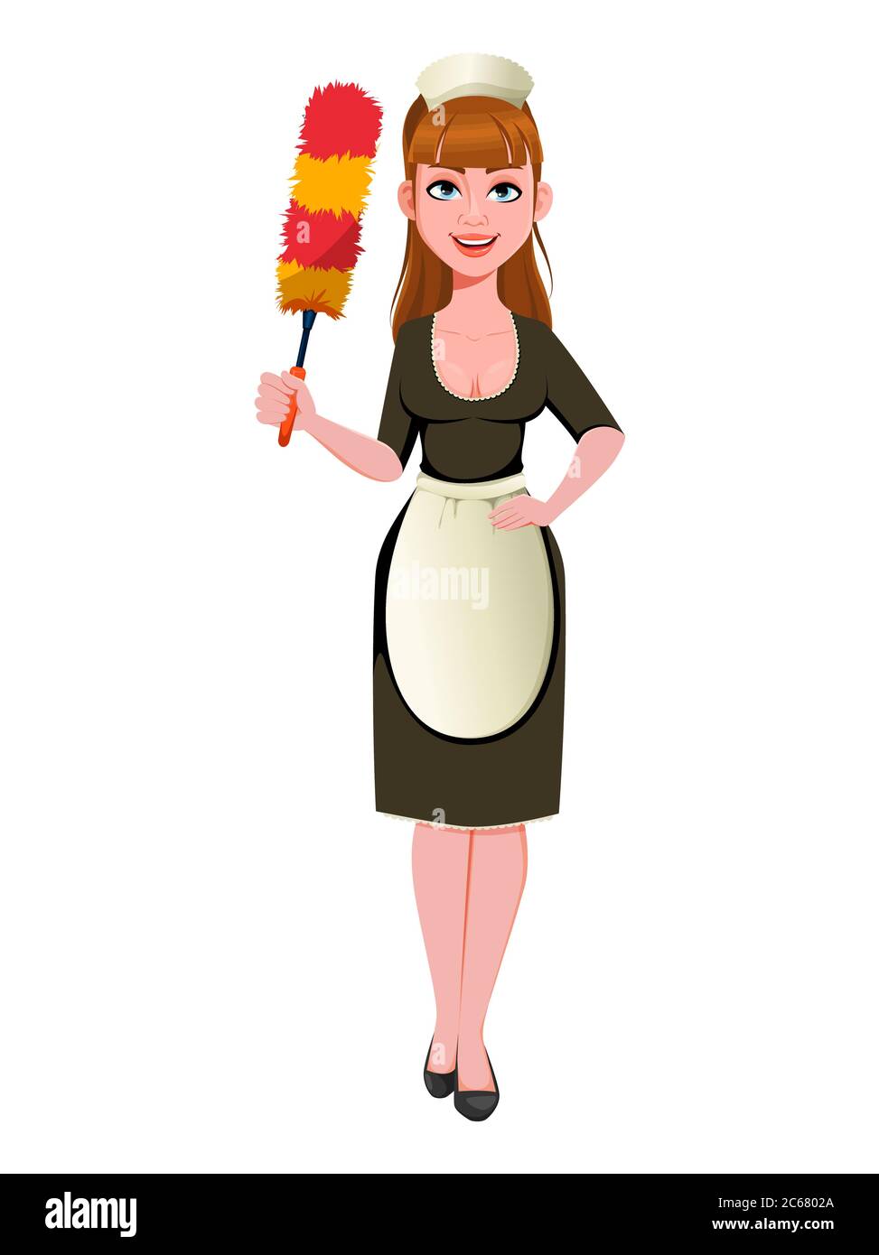 Maid, cleaning lady, smiling cleaning woman holds dust brush. Cheerful housemaid cartoon character. Vector illustration Stock Vector