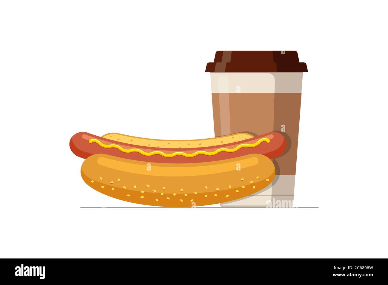 Fast food hot dog and disposable paper coffee cup. Hotdog sausage in bread bun with hot beverage. Fast food vector isolated flat eps illustration Stock Vector