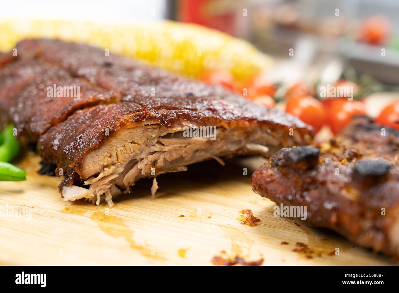 Oven baked BBQ pork ribs Stock Photo