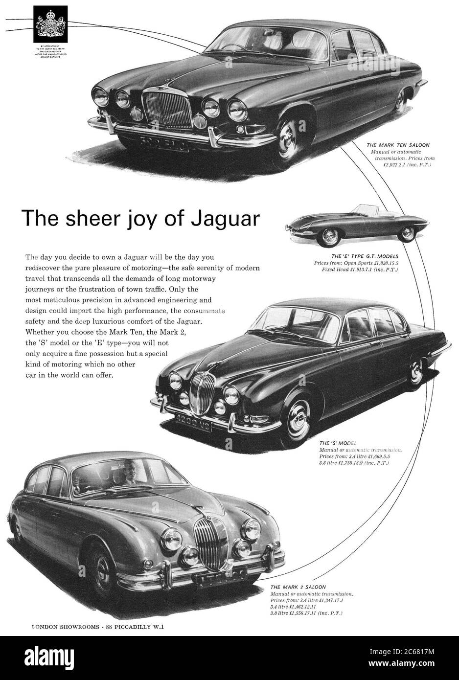 1964 British advertisement for Jaguar motor cars, featuring the Mark Ten, E Type, S Model and Mark 2. Stock Photo