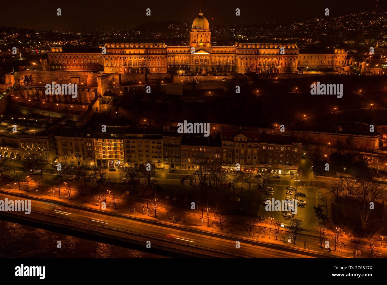 Aerial drone shot of Buda castle on Buda Hill in Budapest night with ...