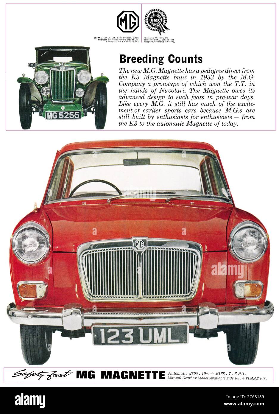 1964 British advertisement for the MG Magnette motor car. Stock Photo