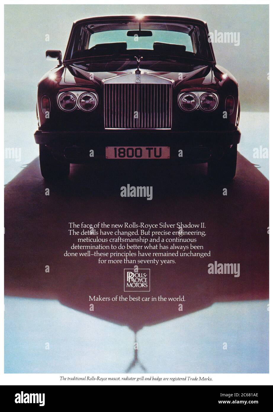 1977 British advertisement for the Rolls Royce Silver Shadow II motor car. Stock Photo