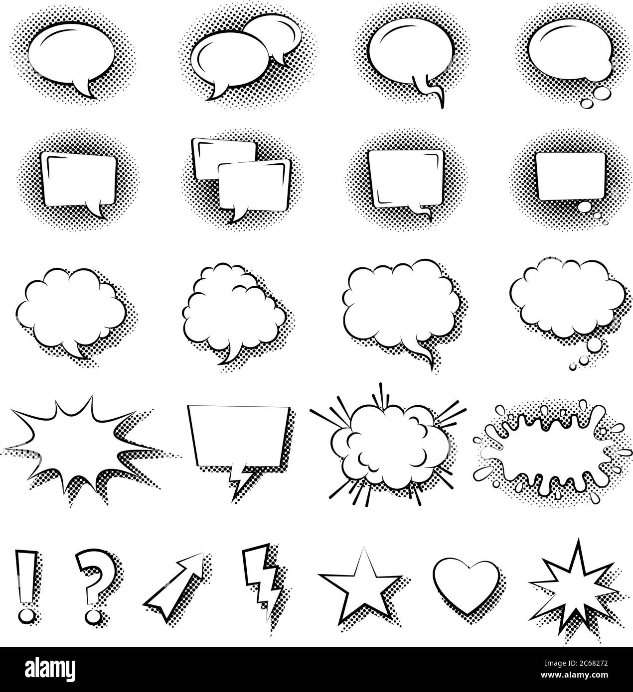 Speech bubble symbols, icon set. Hand drawn thought and speech bubbles and balloons, different types and shapes. Vector illustration. Stock Vector