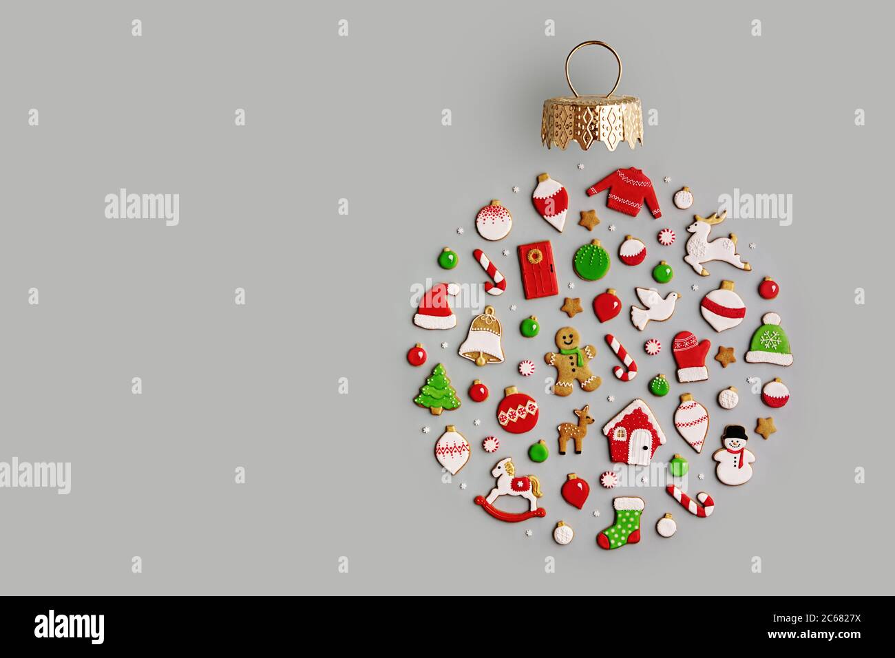 Decorated Christmas cookies overhead view Stock Photo