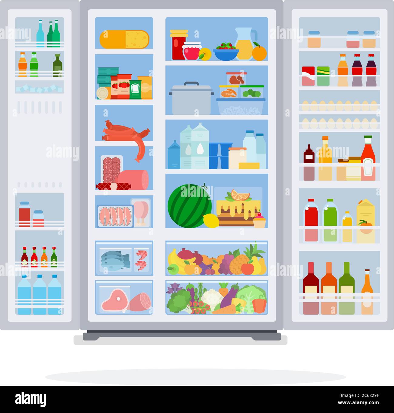 Open refrigerator filled with product flat isolated Stock Vector