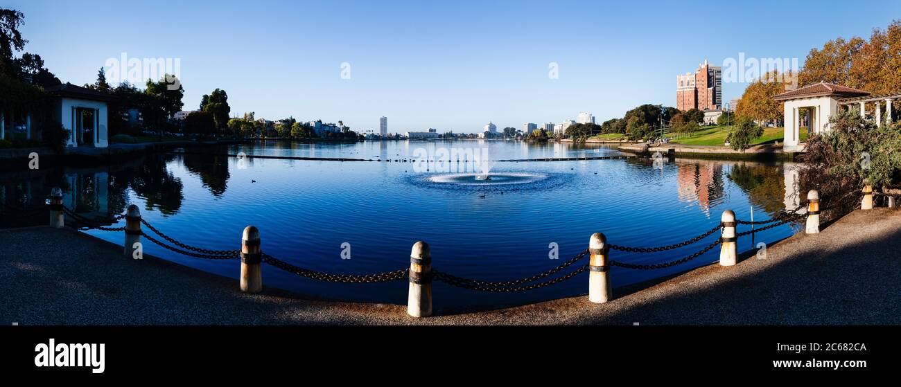 View of fountain at Lake Merritt, Oakland, California, USA Stock Photo